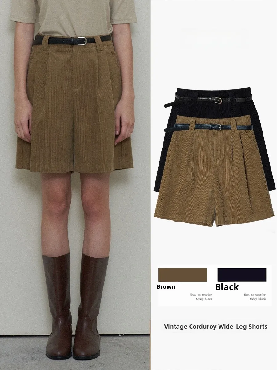 

Вельветовые брюки с высокой талией в стиле ретро, пятиточечные брюки, женские повседневные брюки средней длины трапециевидной формы с завышенной талией