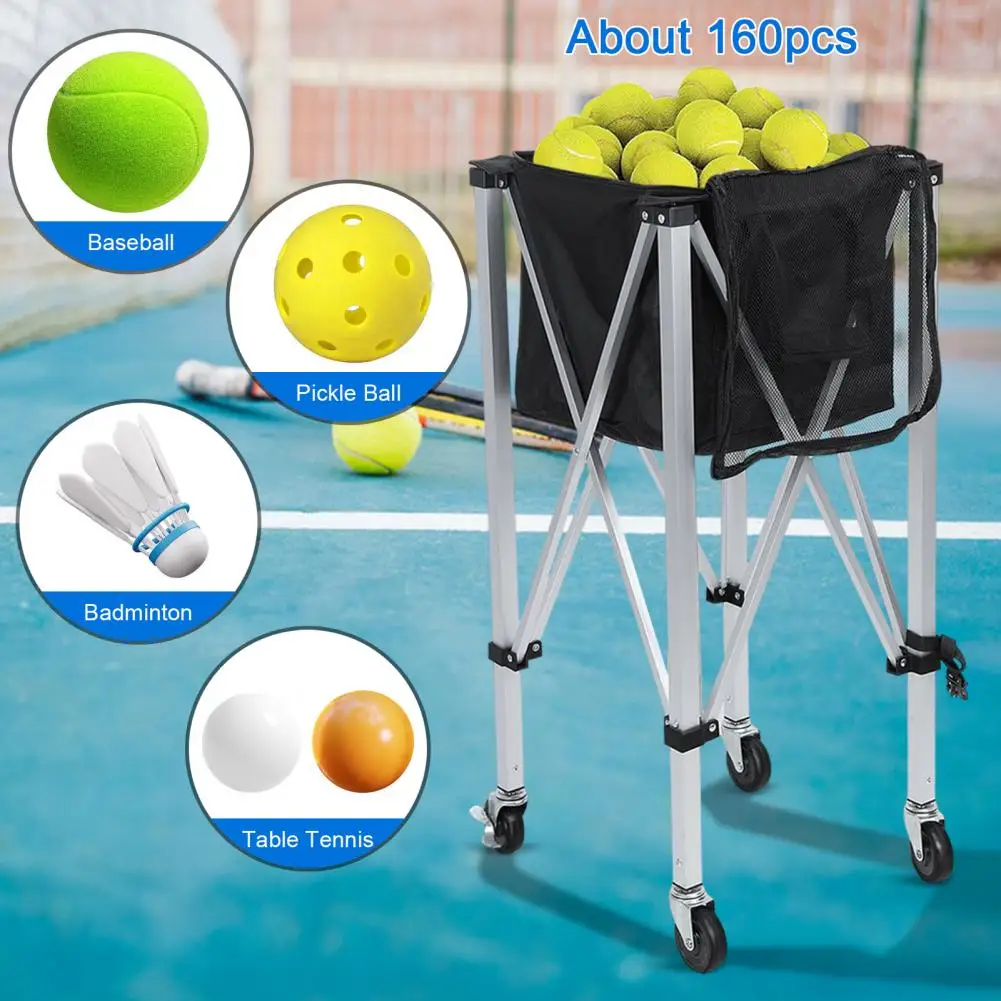 Foldable Tennis Ball Cart with Wheels, Holds 160 Balls Tennis Ball Hopper, Sports Teaching Cart Tennis Ball Basket with Bag