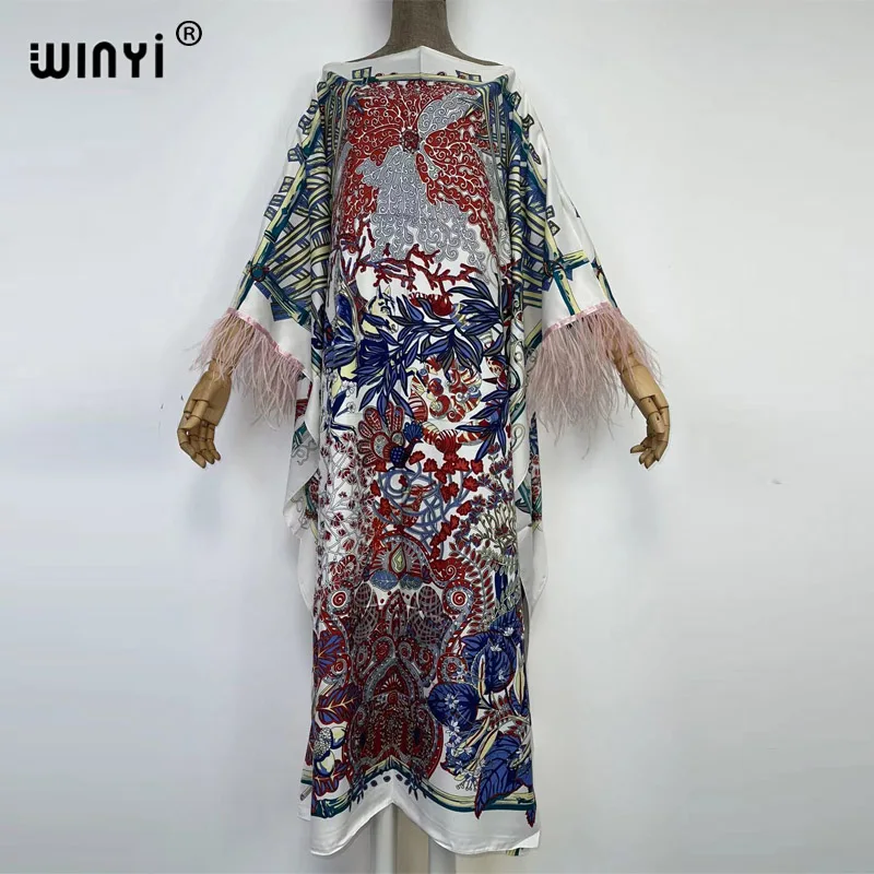 2022 WINYI Popular Bohemian Feather Kaftan Floor Length Lady Maxi Dress Ostrich hair cuff Middle East Ramadan Muslim Women Dress