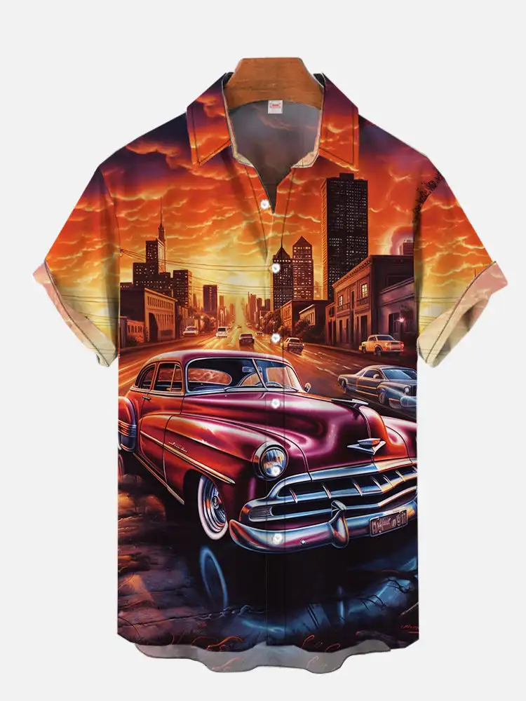 Classic Hawaiian Tiki Club Hula Girl And Retro Car Printing Short Sleeve Shirts For Men Fashion Hawaiian Shirt Beach Blouses