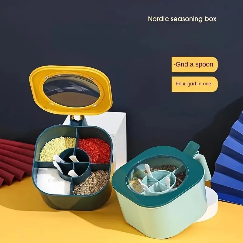 Eine 4-in-1-Gewürzbox mit großem Fassungsvermögen, Deckel und Löffel, wird mit vier Löffel für die Küche zu Hause geliefert und Salzbehälter – Detail 7