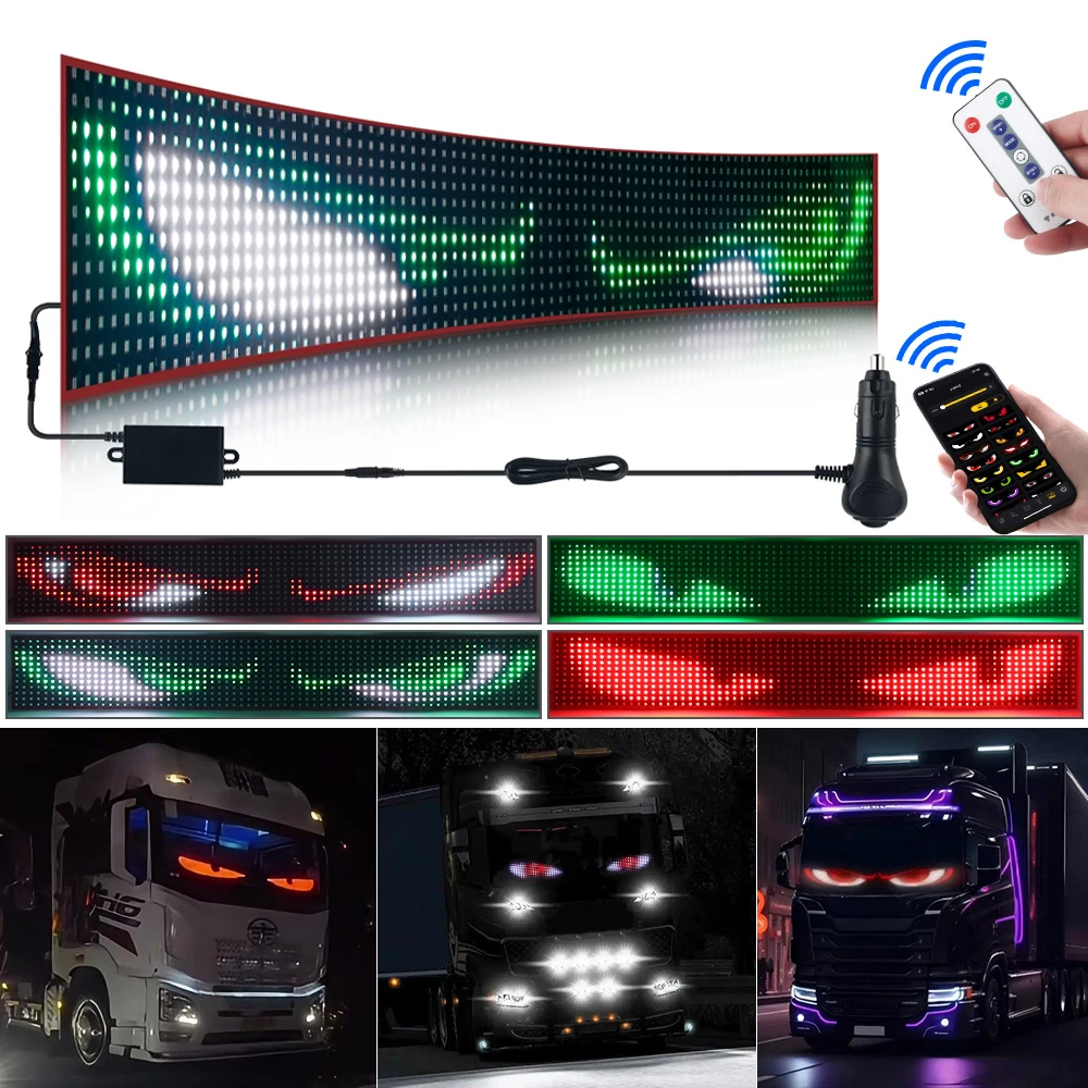 

24В светодиодная матричная панель для грузовиков, подсветка «Глаза дьявола», анимационный дисплей на лобовое стекло, управление через приложение и пульт ДУ