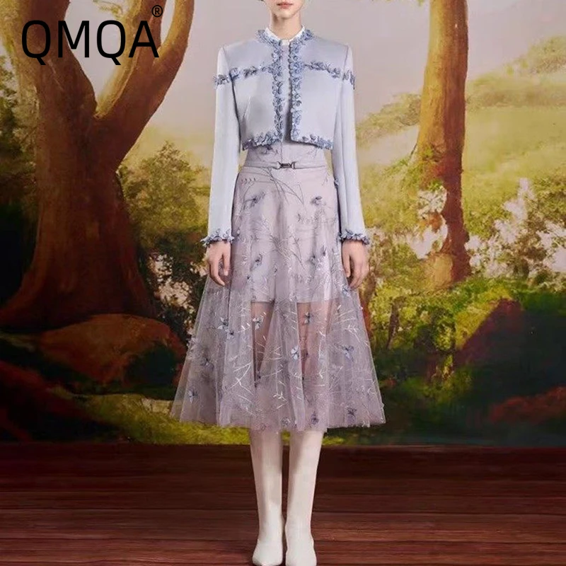 

QMQA Модный женский элегантный комплект из 2 предметов, пальто с длинными рукавами и цветочным принтом, газовое платье без рукавов, вечерний костюм, новинка 2026 года QM1085