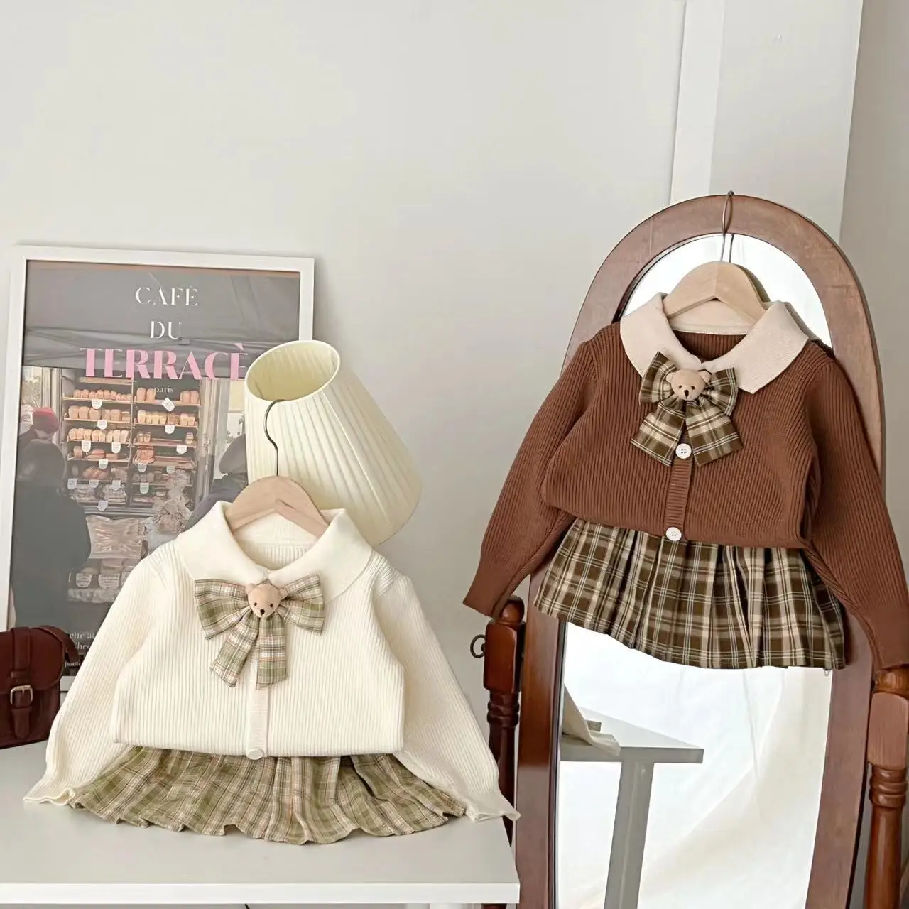 

​​2025 Fall Winter Girls Knit Set Korean Style School Uniform Cardigan Plaid Pleated Skirt Outfit Toddler Cute Casual 2-8 Year
