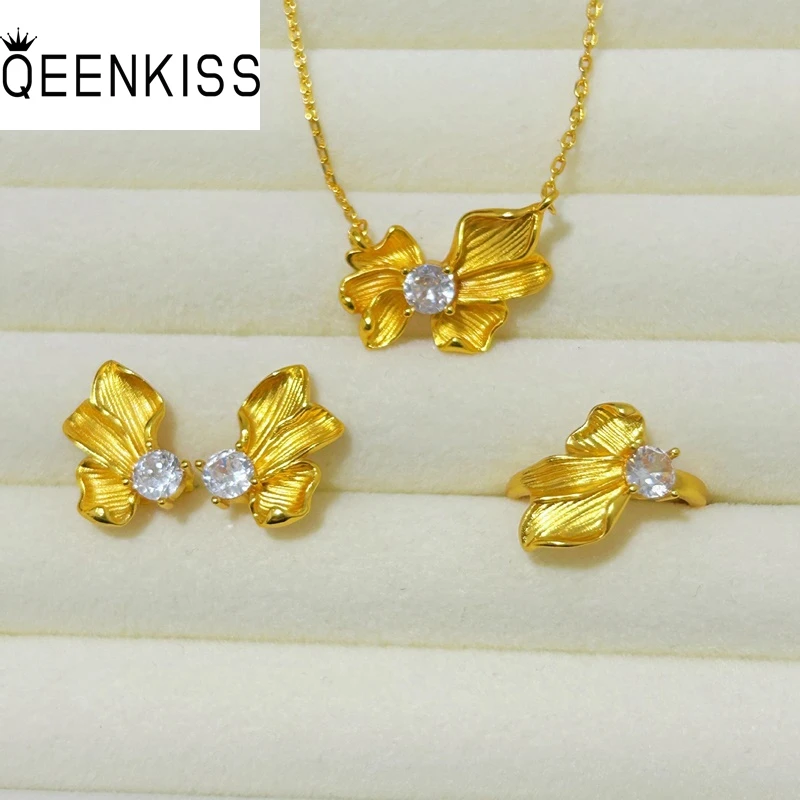 

QEENKISS 24-каратное золотое ожерелье с цветком + кольцо + серьги-гвоздики для женщин, свадебная вечеринка, день рождения, Рождество, невеста, подарки для мамы и девочки JS5100
