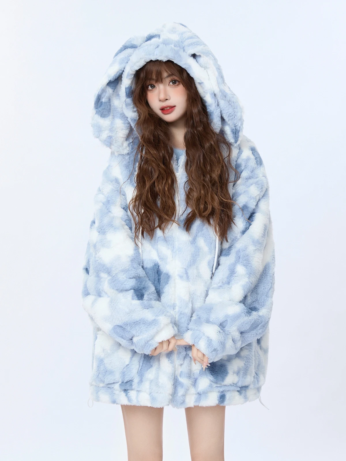 

ENJOG Winter Thiened Rabbit Fur Cotton Jaet Women's Sweet Cool Loose Design Sense Tie-Dye Hooded Zipper Long Sve Coat