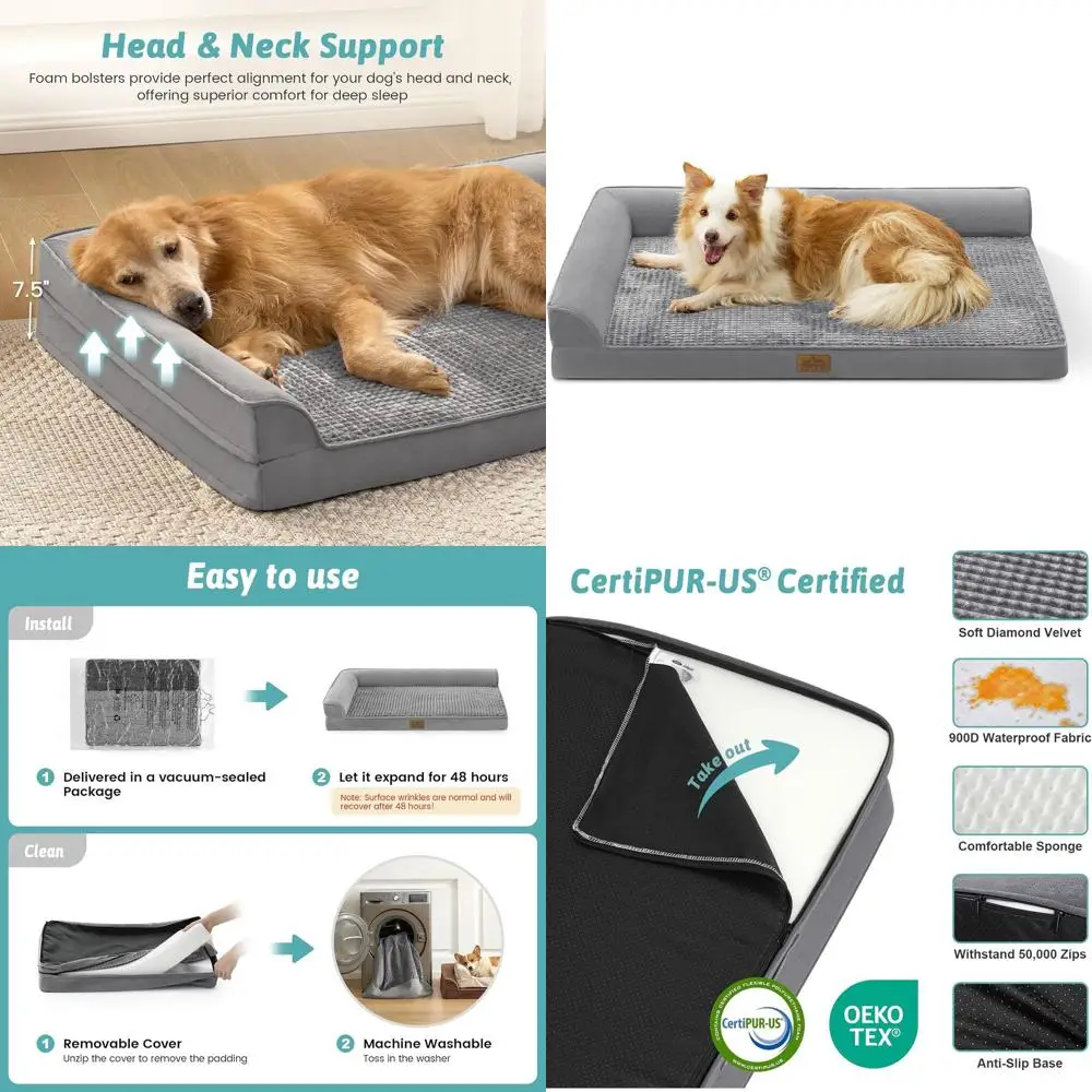 

Ортопедическая лежанка для собак XL с L-образным пенополиуретановым матрасом, противоскользящим основанием, моющимся чехлом, подходит для животных весом до 45 кг, 44x32x7 дюймов, серый цвет