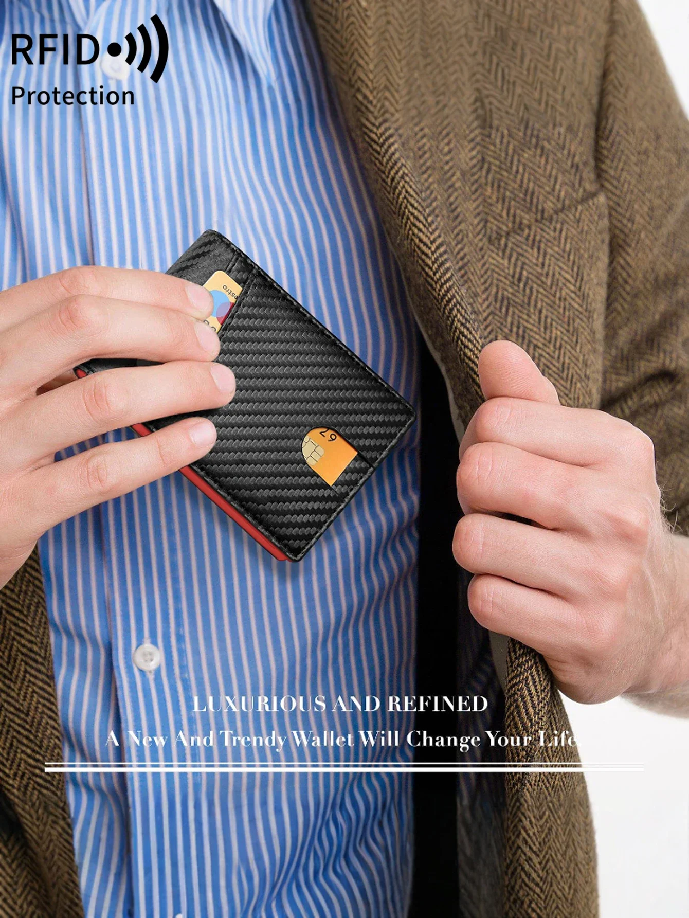 Porta carte di credito con motivo in fibra di carbonio con portafoglio triplo ultra sottile con blocco RFID con 2 slot per schede multiple per Windows ID