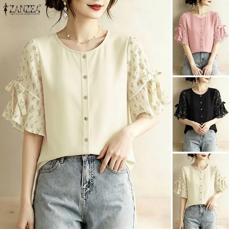 

2026 ZANZEA Summer Elegant Work Blouse Floral Patchwork Shirt Stylish Women Tops Casual O Neck Short Sleeve Blusas Mujer Femme