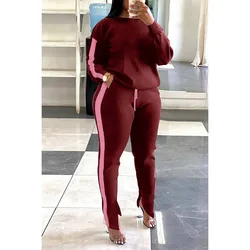 Plus Size Casual Broek Set Bordeauxrode Twee Kleuren Lange Mouw Gebreide Tweedelige Broek Set Met Zak