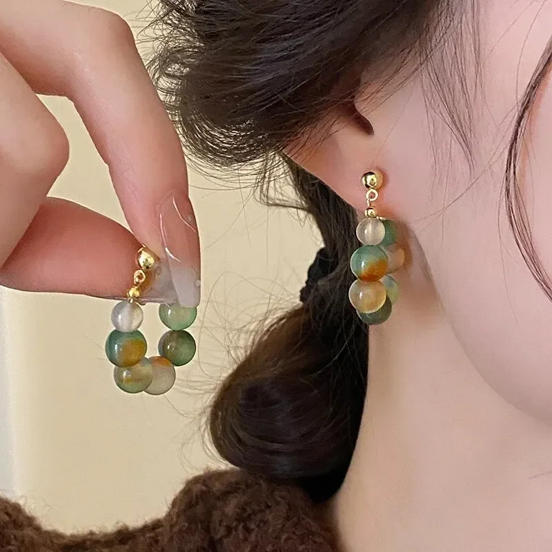 Neo-chinese Style Colorful Beaded Natural Stone Hoop Earrings for Women Creative Delicate Vintage Party Premium Fashion Jewelry