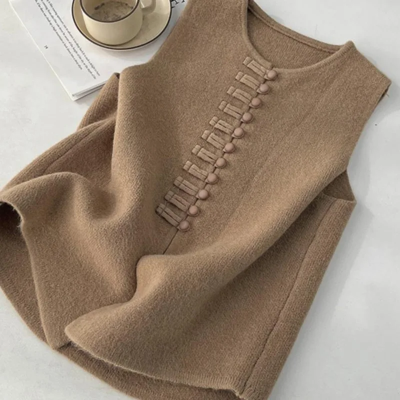 

Sweater Vest Jumper Women Knitted Sweaters Frog Buttons Sleeveless Solid Round Neck Solid Single Breasted Loose Fit 2025 Autumn