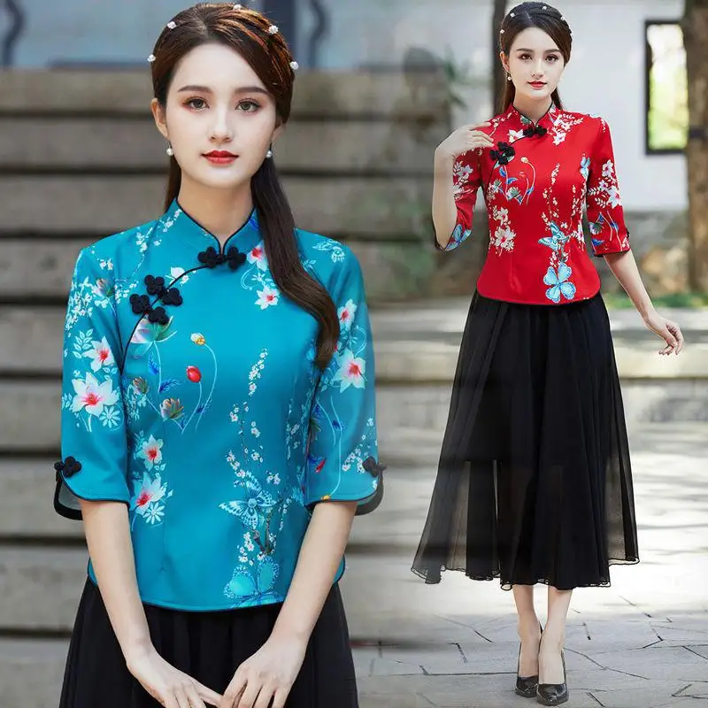 Ethnic Style Embroidered Shirt Qipao Cheongsam Tops Traditional Chinese Clothing For Women Fashion Bracelet Sleeve Hanfu Modern