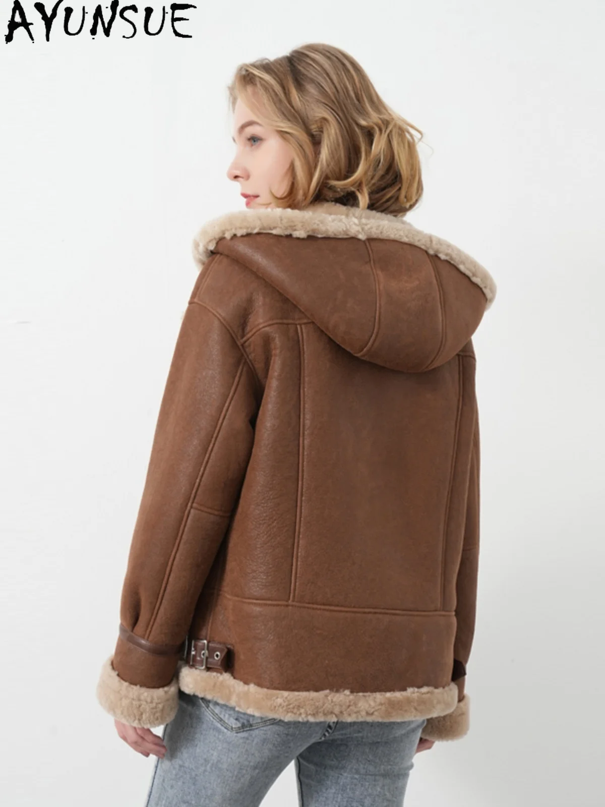 AYUNSUE manteau de fourrure de mouton naturel veste en cuir véritable vêtements d'hiver femmes 2025 laine d'agneau vestes de moto femme Streetwear