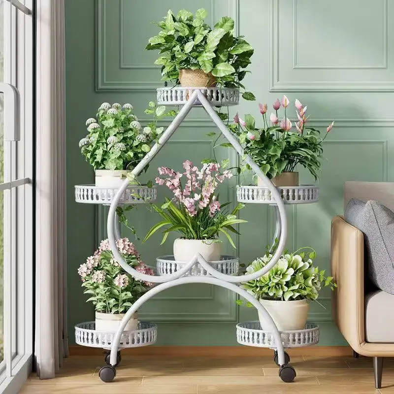 Movable Multi‑Layer Metal Plant Stand, Rolling Floor Iron Flower Pot Display Shelf for Living Room Indoor Green Plant Decoration