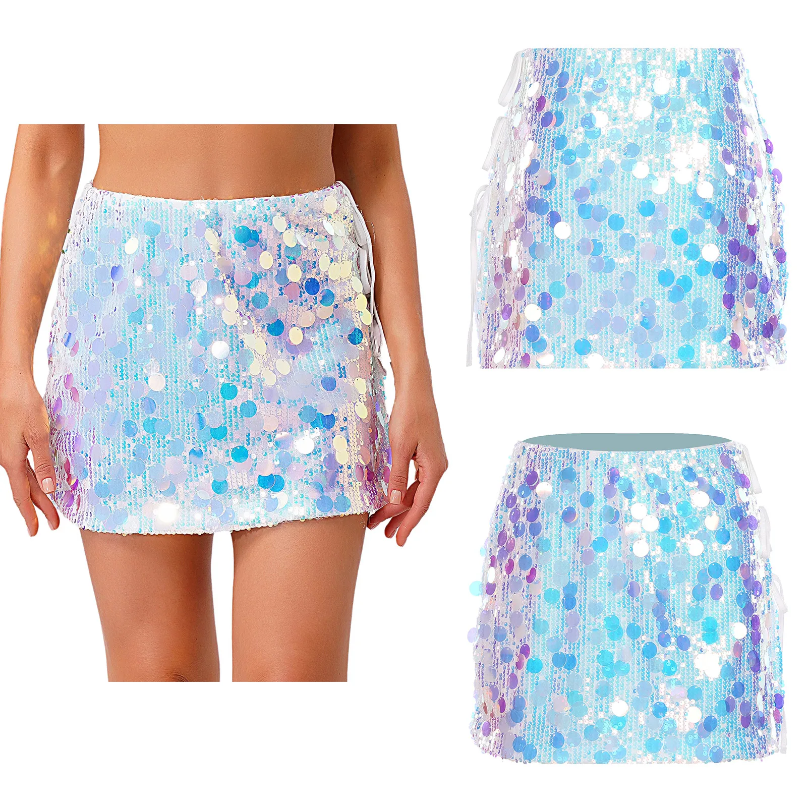 

Women's Adult Sparkly Sequin Miniskirt Raves Party Clubwear Beachwear Sequined Mesh Fully Lined Side Slit Lace-up Bodycon Skirts