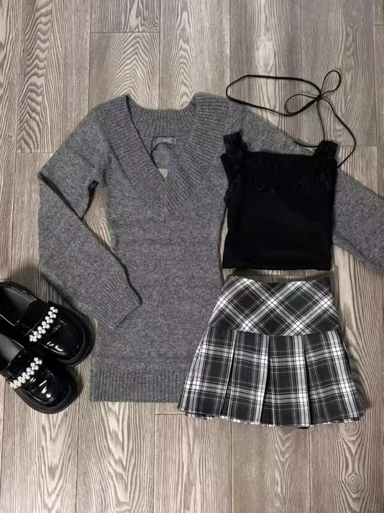 Autumn Winter New Vintage Knitted 3 Piece Set Women Casual Grey Sweater Tops + Hot Girl Lace Vest + Higt Waist Plaid Mini Skirt