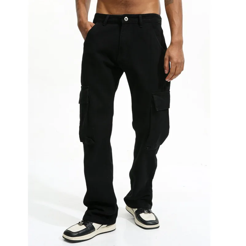 جينز رجالي موضة فور سيزونز موديل 2025 بتصميم أمريكي فيبي متعدد الجيوب بلون داكن وفضفاض بأرجل مستقيمة عصرية #5