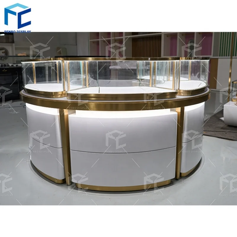 

2025customized.Custom glass jewellery display cabinet jewelry island display furniture LED light wooden jewelry shop kiosk showc