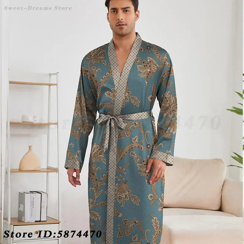 Men\'s Printed Home Wear Long Sleeved Robe Shorts Pajamas Set 2025 Spring Autumn New Sleepwear Silk Satin Nightwear Loungewear