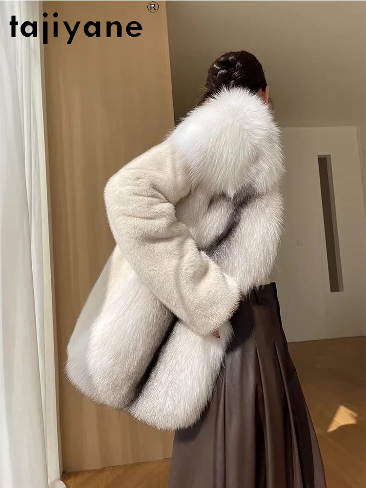 TAJIYANE 100% فرو المنك الطبيعي الربط الثعلب معطف الفرو امرأة فاخرة الخامس الرقبة سترة معاطف الفراء الحقيقي 2025 الملابس الشتوية schuba femenarska