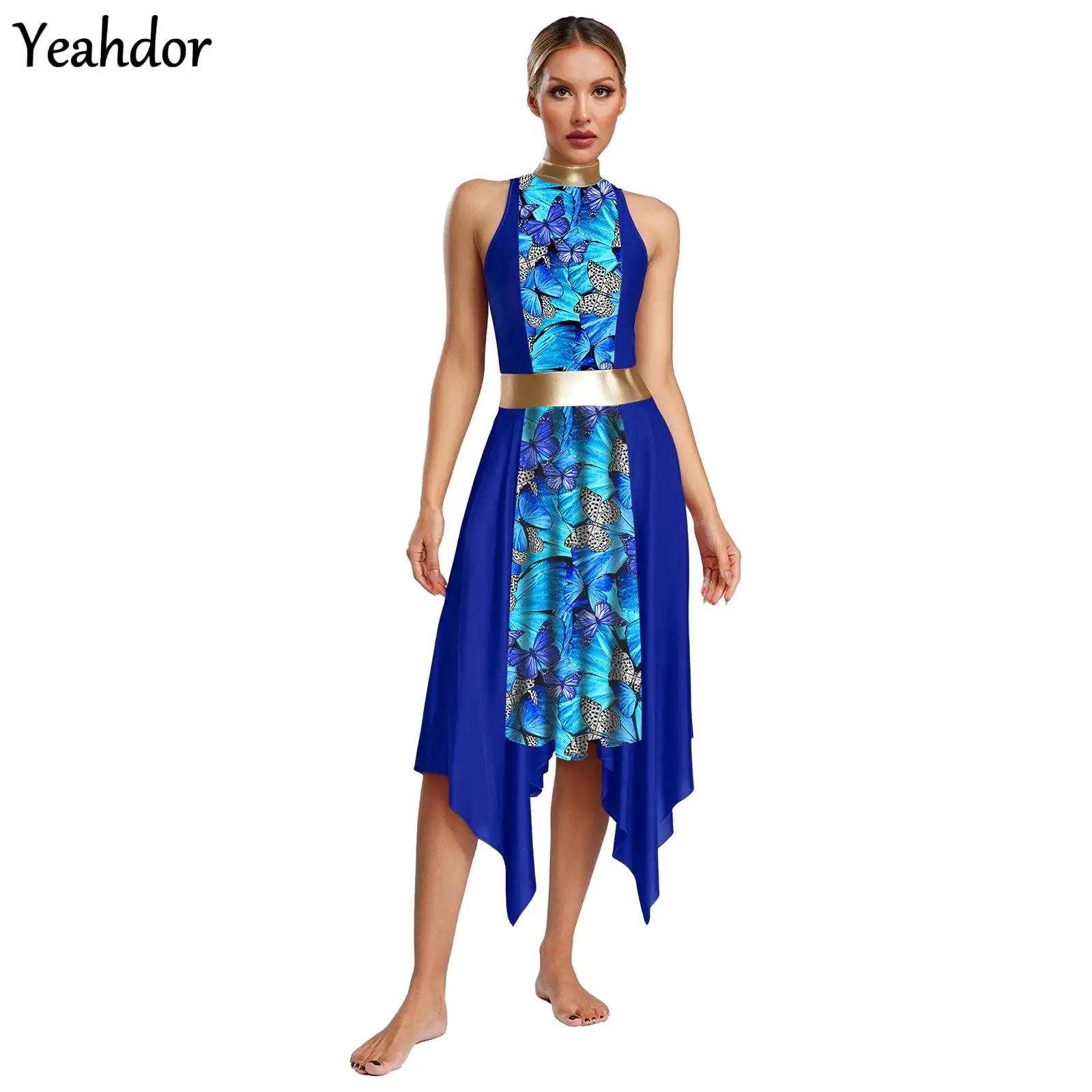 

Women Liturgical Praise Dance Dress Ballet Lyrical Worship Dancewear Metallic Printed Irregular Church Choir Performance Costume