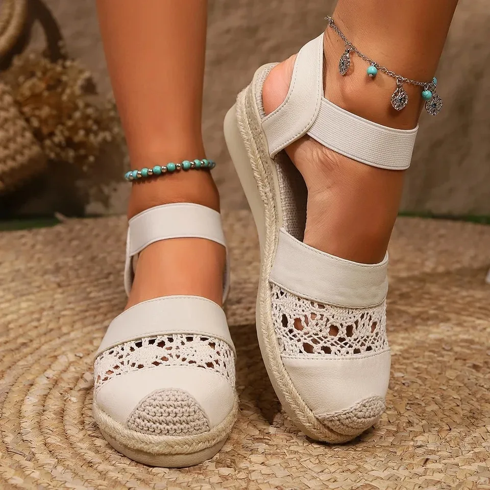 New Women Wedge Heel Espadrilles Toe Slingback Platform Shoes Braided Espadrille Ankle Strap High Heeled Sandals Plus Size 43