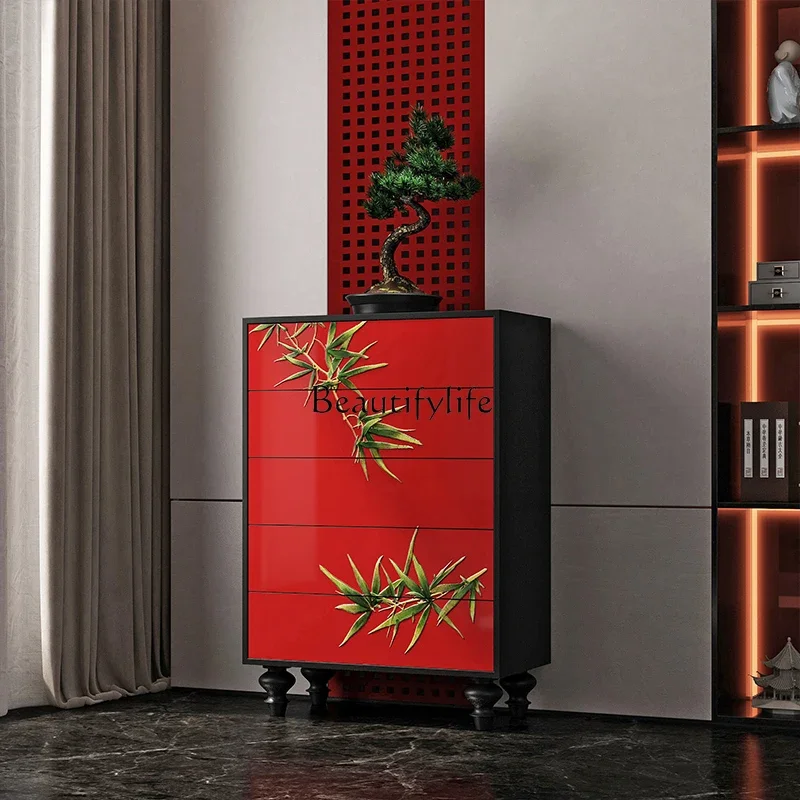 

New Chinese hand-painted solid wood chest of drawers, large lacquered locker against the wall in the living room