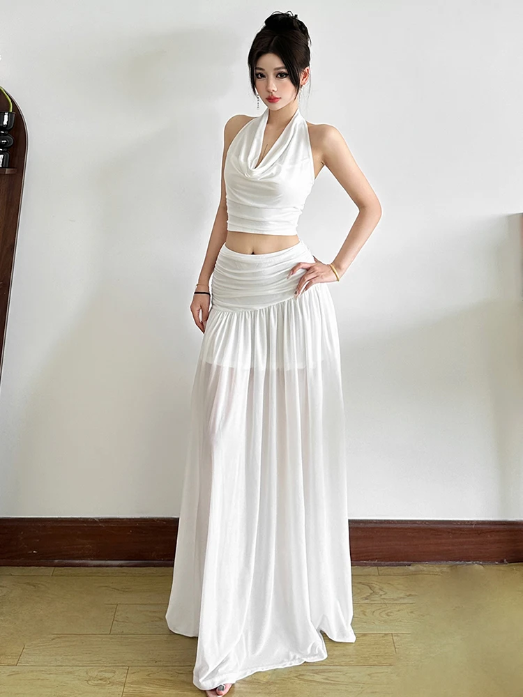 Nibber Pieghe Set da 2 pezzi Donna Halter Colletto altalena Mini gilet + Gonne lunghe Abiti eleganti per feste in spiaggia Abiti coordinati alla moda