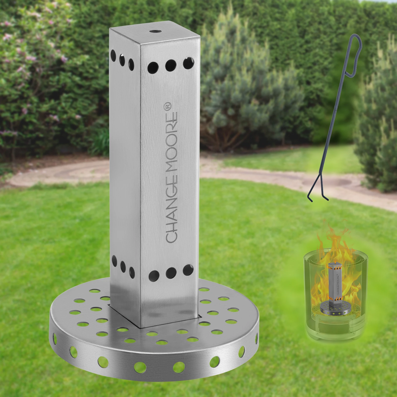 CHANGE MOORE Quadratisches Urner-Säulen-Set, 11,5 cm, Zubehör, sekundäres Verbrennungswerkzeug aus Edelstahl mit Ire-Haken, Kohlehaken