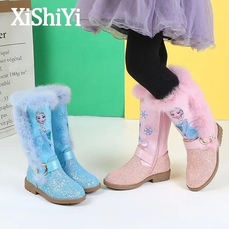 Disney girls autumn and winter high boot wild elsa princess boots long boots plus velvet children\'s boot