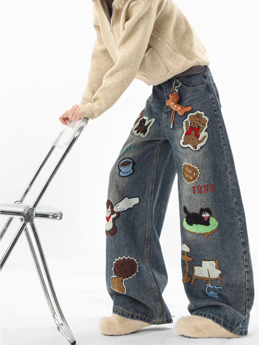 American Cartoon Towel Embroidery Wide Leg Jeans Loose Casual Long Pants Men Women Winter Trendy Design Sense Knife Blade