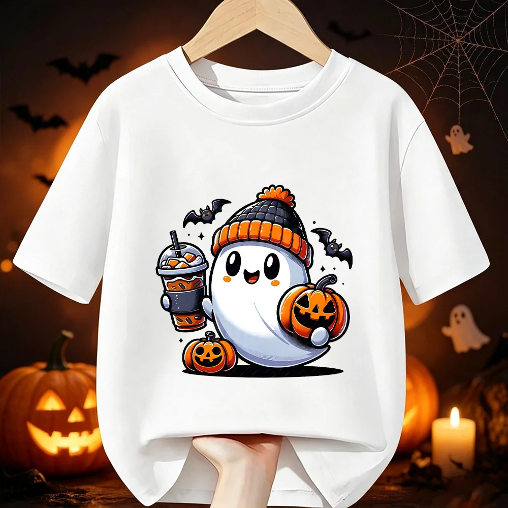 Halloween Cute Ghost Drink Coffee Pumpkin Print Kids T‑Shirt  Cotton Boys Girls Short Sleeve Casual Graphic Children Party Tees