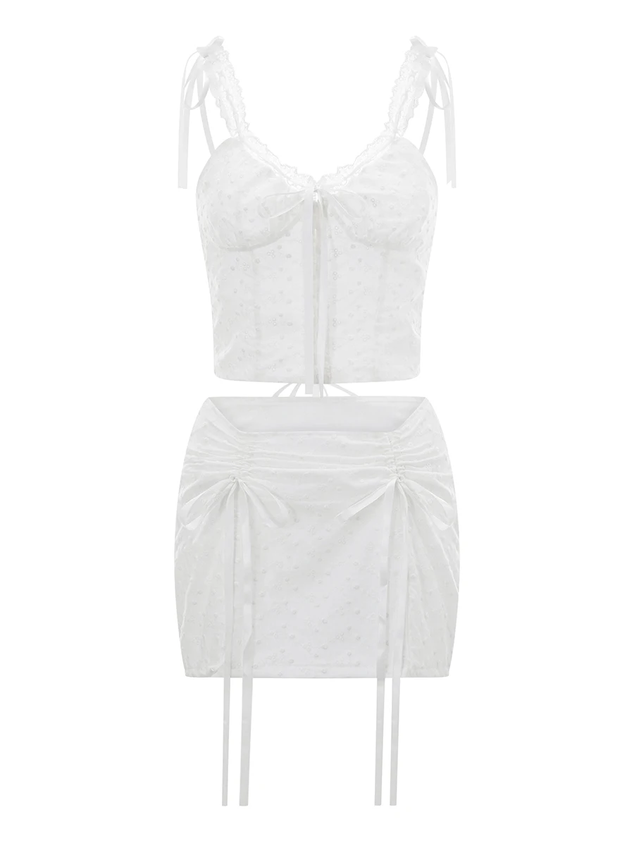Y2k Set Rok 2 Potong Pakaian 2 Potong Renda Wanita Atasan Crop Tali Spaghetti Tanpa Lengan dan Rok Mini Bodycon