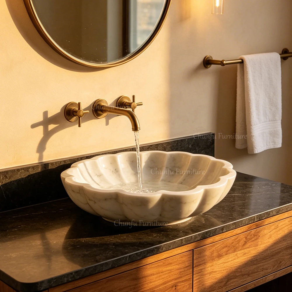 Modern Fluted Flower Shaped White Marble Countertop Mounted Round Vessel Wash Basin with Drainer for Luxury Bathroom Decor