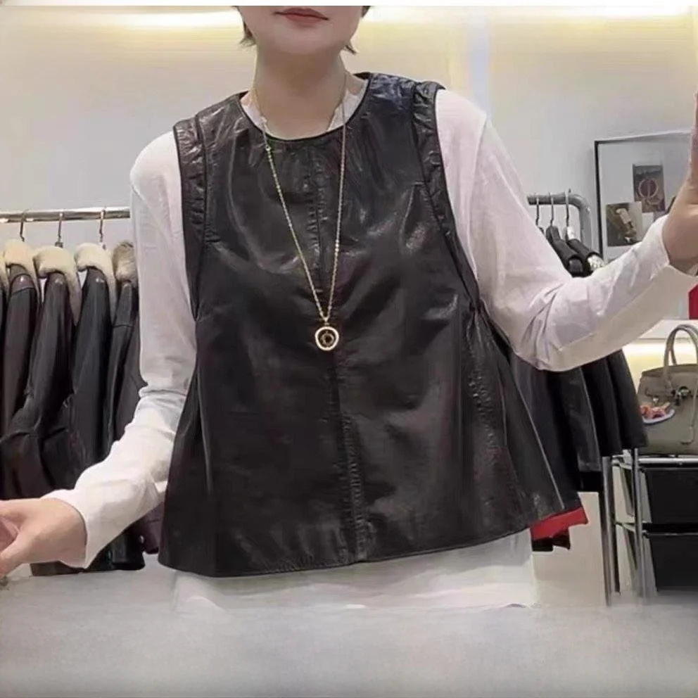 

Новинка 2026, женский кожаный жилет из масляного воска, круглый топ, юбка без рукавов, утягивающий тюнер, свободный крой