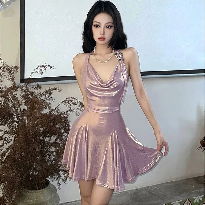 Sweet Spicy Girl Hanging Neck Satin Dress Women Sparkling Sleeveless Collarbone Solid Slim Gentle Summer Chic Female Party Wear