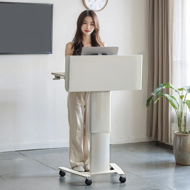 Púlpito de metal móvel com rodas Mesa de recepção de altura ajustável Mesa de estação de trabalho para laptop com bandeja de armazenamento para falar em público