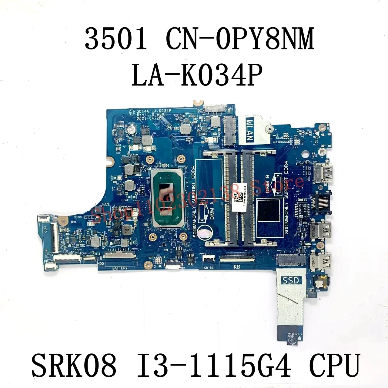 CN-0FTXD9 0FTXD9 CN-0PY8NM 0PY8NM LA-K034P Met I3-1115G4/I5-1135G7 CPU Moederbord Voor DELL 3501 Laptop Moederbord 100% Getest