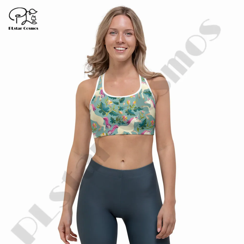 PLstar Cosmos Newest 3DPrint Unicorn Flower Yoga Sport Bra With Chest Pad Cup Fitness Gym Cozy Unique Women'Vest Running Hot Top