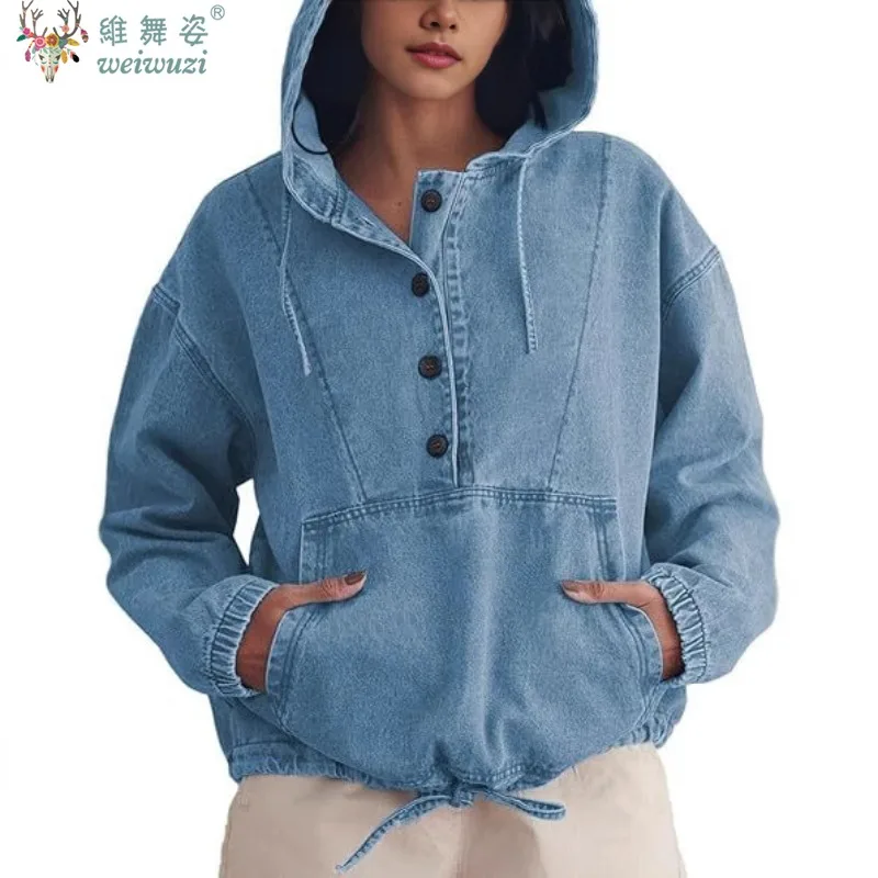 

Весенняя женская однотонная джинсовая толстовка-худи, свободный пуловер на молнии с длинным рукавом, модная повседневная ковбойская куртка
