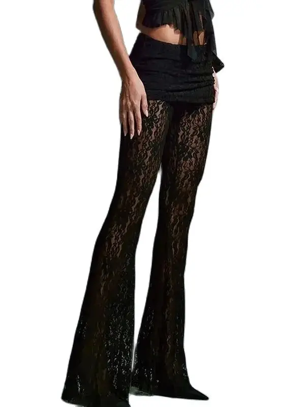 

Women Sheer Lace Floral Black Solid Slim High Waist Flared Pants Summer New Casual Outside Beach Club Sexy Trousers Streetwear