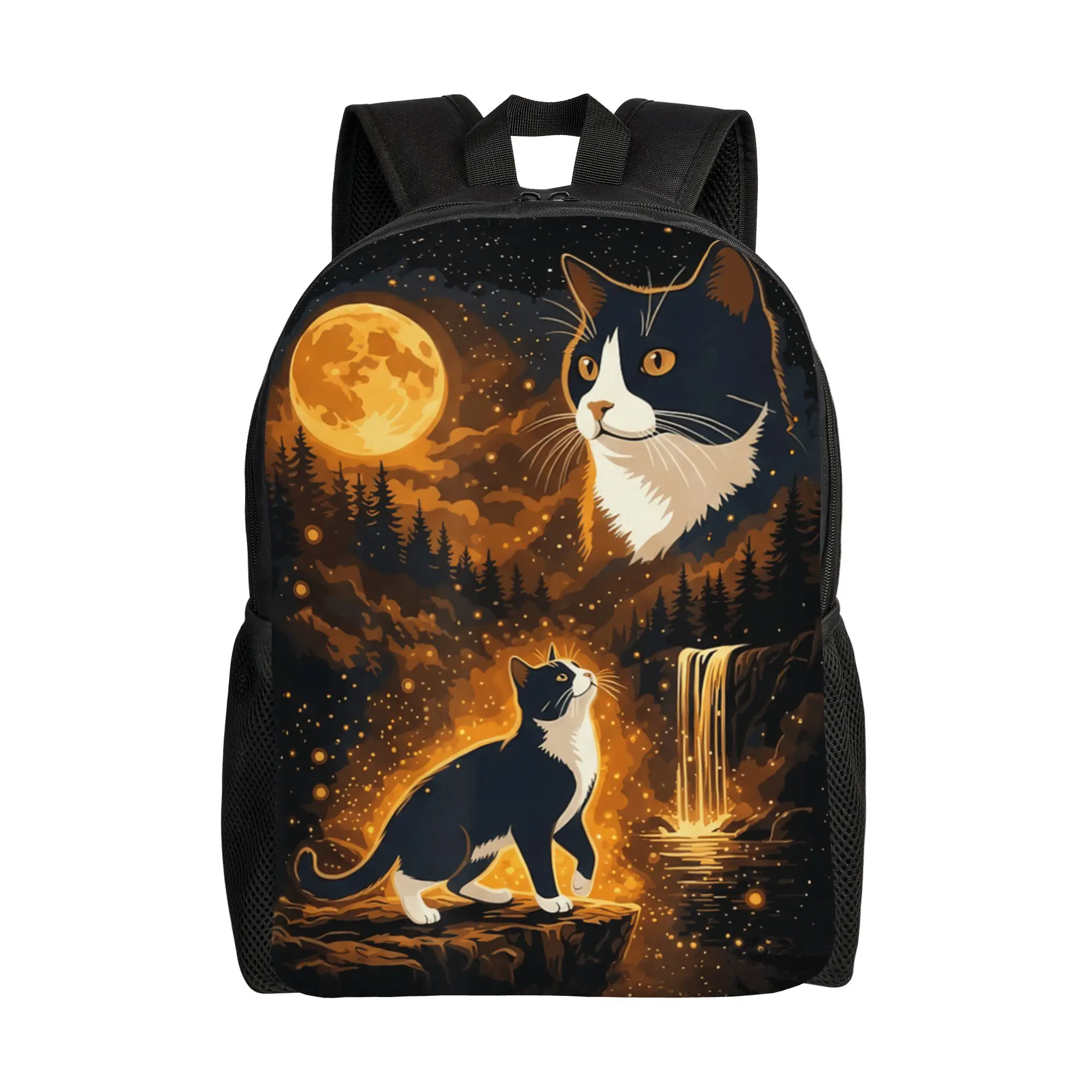 Vintage Moonlight Tuxedo Cat Howling Looking At The Moon Backpack  Boy Girl Polyester Trekking Backpacks High School Bags