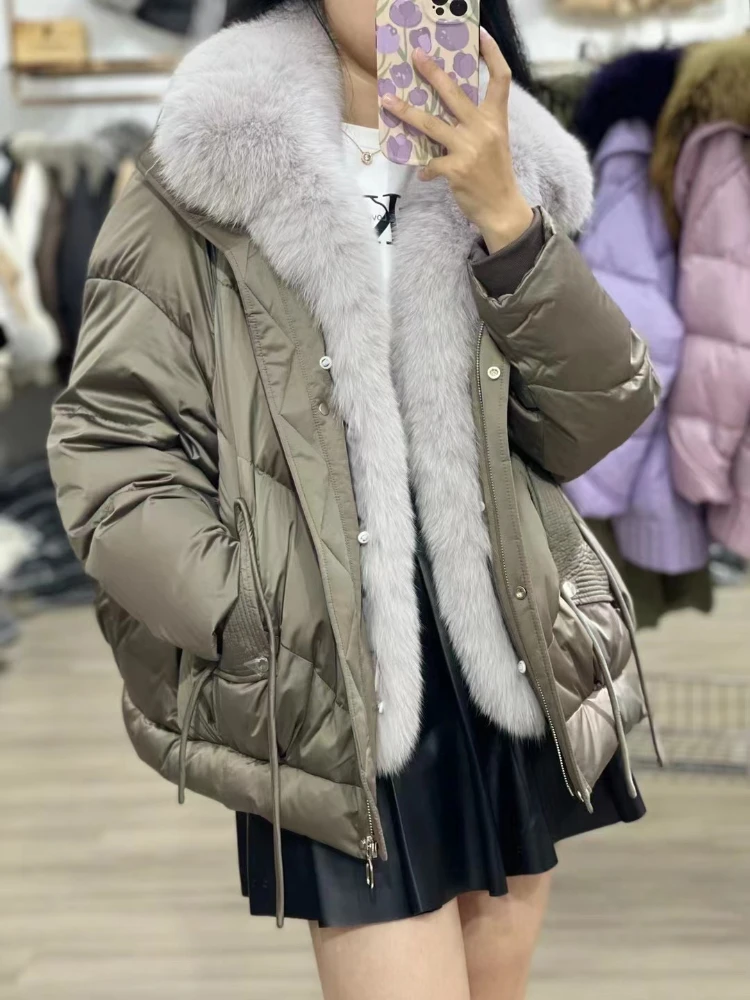 

2023 Winter Down Women Jackets Fashion Solid Real Natural Fox Fur Collar Placket White Goose Down Inner Liner Streetwear