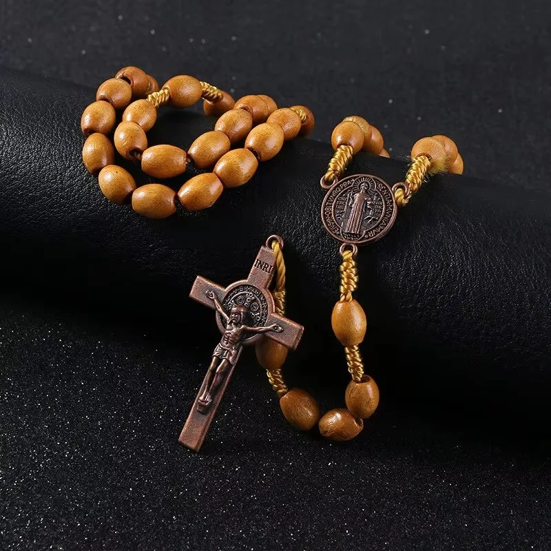 

Handmade Weave Saint Benedict Medal Antique Wooden Rosary Cross Car Ornament Vintage Catholic Religious Jesus Auto Decor