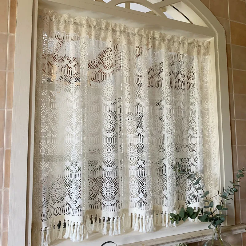 

Nordic hollow lace gauze curtain fringed rural retro partition cotton and linen curtain