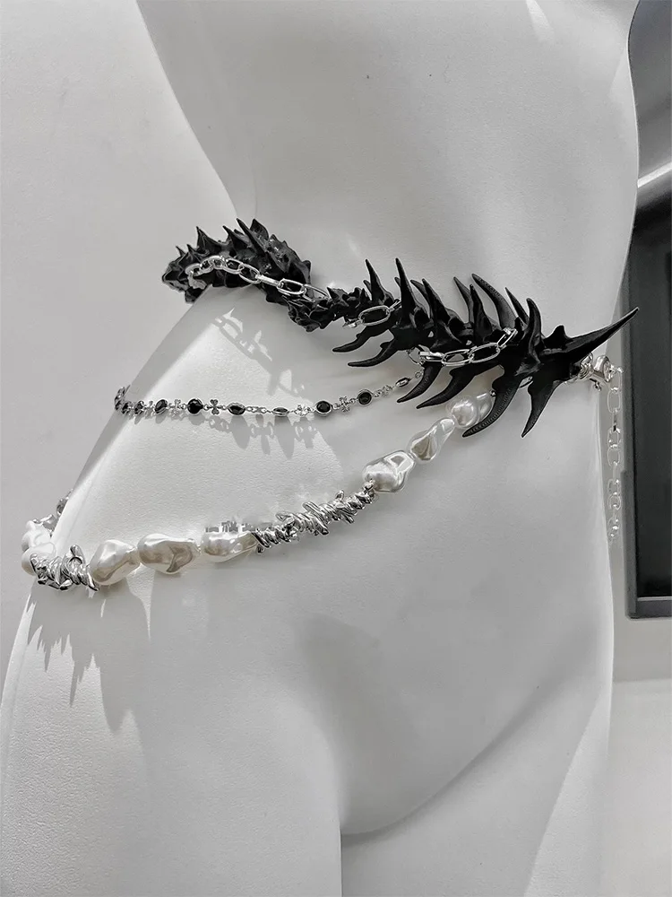 ZHUHE سلسلة الخصر اللؤلؤية للعمود الفقري على الطراز القوطي الجديد هي إكسسوار مجوهرات للرجال والنساء كهدية للحفلات