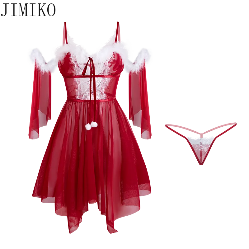 Lingerie erótica feminina vermelho natal suspender vestido sem mangas com manto vestido de baile babydoll renda santa pijamas