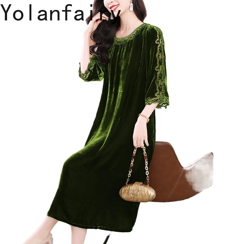 

YOLANFAIRY Real Silk Velvet Dresses for Woman Autumn Embroidery Elegant Birthday Dresses Women's Clothing Pockets Long Dress