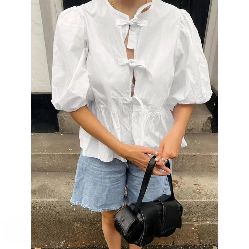 

Faionable Lace up Bubble Sve irt round Ne Tie Waist Women's Loose Fit irt Sweet Sle Five Sve Summer 2024